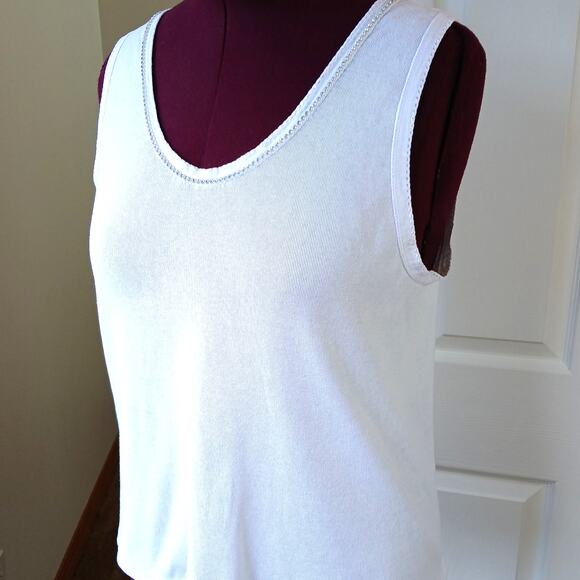 Kleids Classic White Tank Top OS Large rhinestone scoop neck seamless cotton vtg - Picture 1 of 11